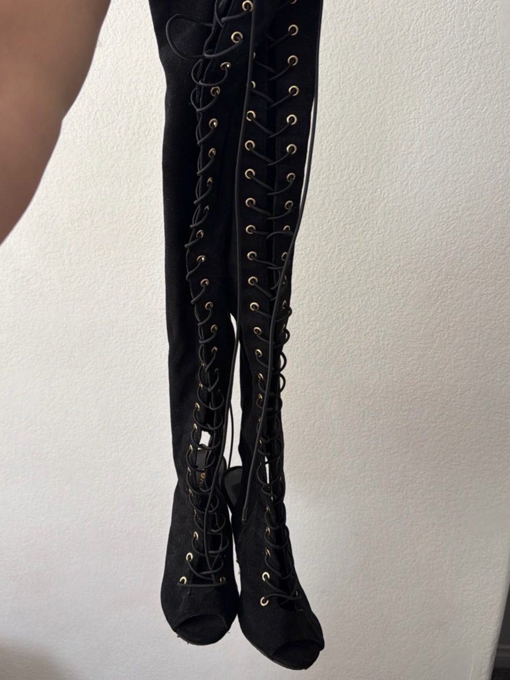 Black Lace-Up Over-the-Knee Peep-Toe Boots